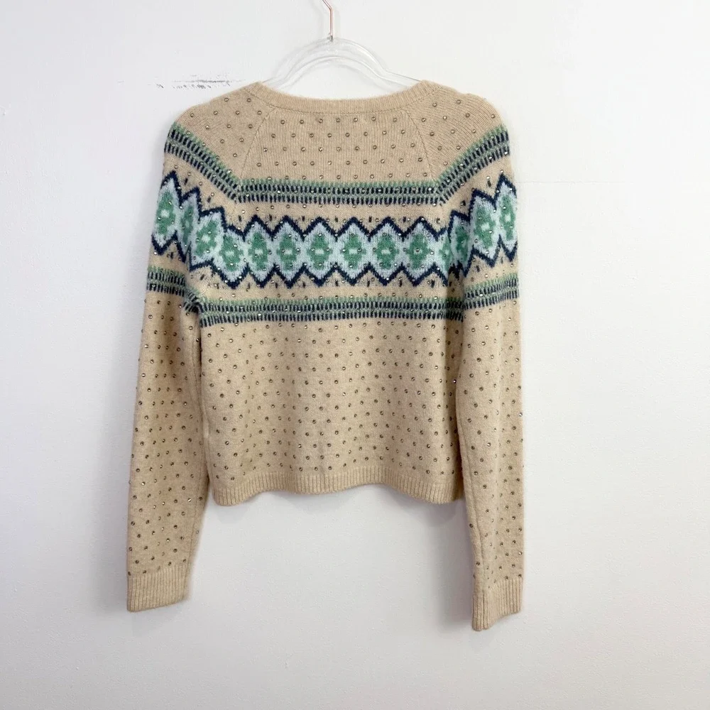J.Crew Crystal Embellished Fair Isle Merino Wool‎ Alpaca Cardigan Sweater Small